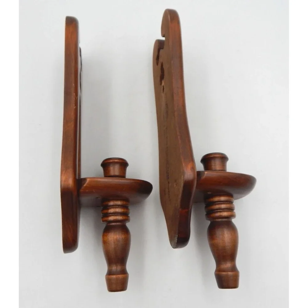Wooden Candle Holder Wall Sconces The New England Clock Company 1970 Vintage MCM